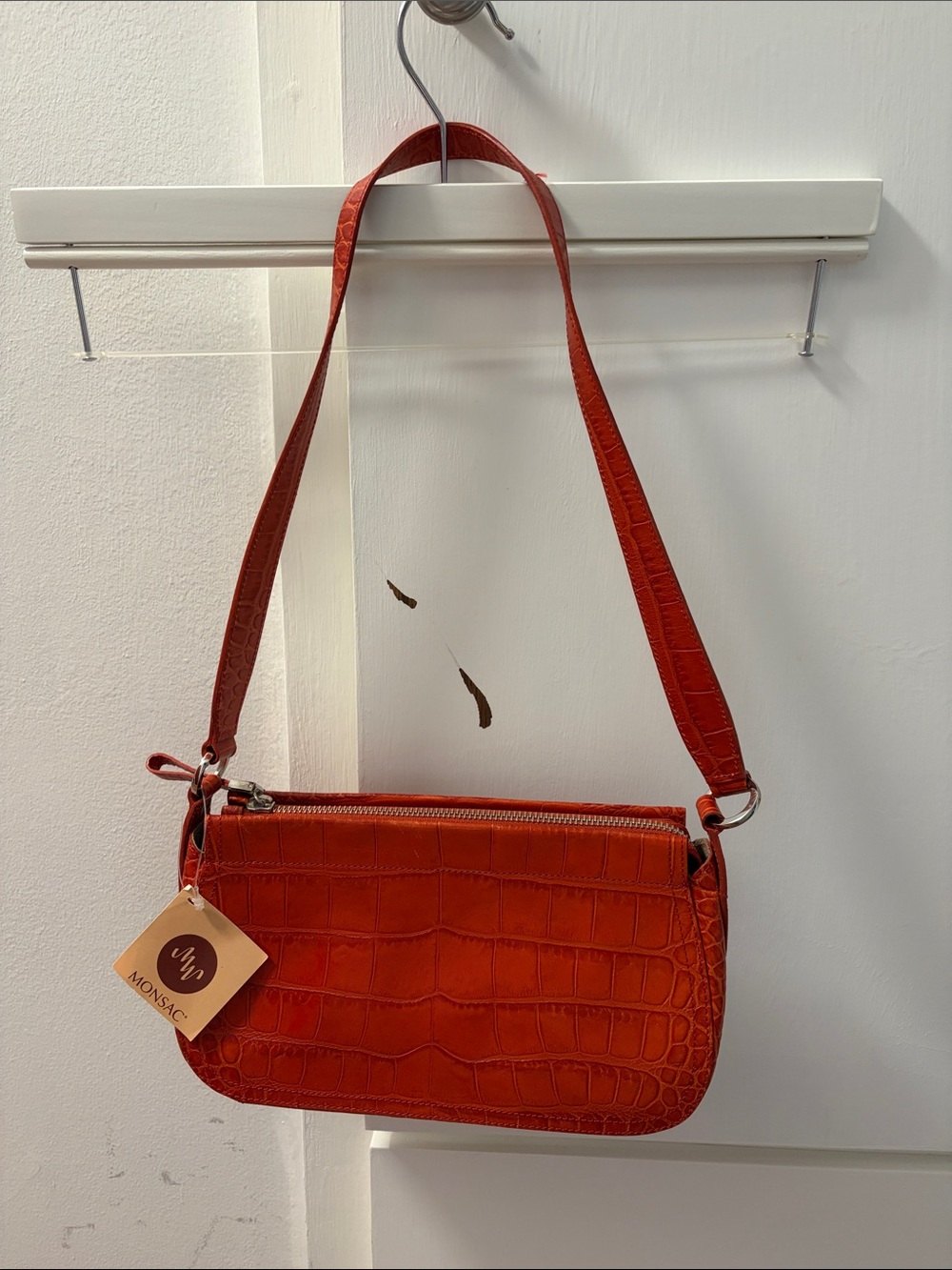 Monsac Red Croc-Embossed Shoulder Bag with Adjustable Strap
